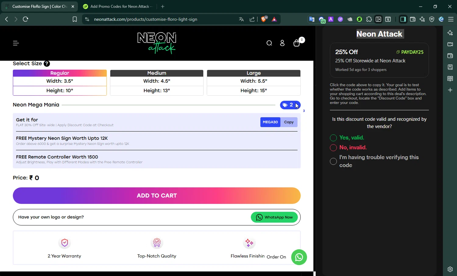 Neon Attack promo code screenshot showing code MEGA30 applied at Neon Attack checkout page. Uploaded by SimplyCodes community member SavingsWhiz9509 on Jun 7, 2026