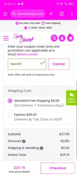 Neon10 coupon verification screenshot
