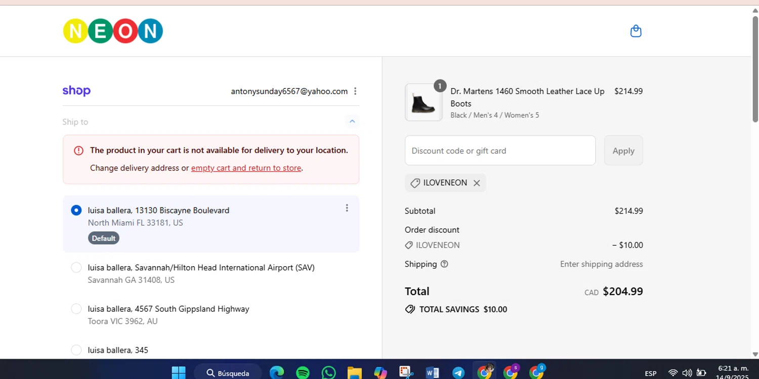 Neon Clothing promo code screenshot showing code ILOVENEON applied at Neon Clothing checkout page. Uploaded by SimplyCodes community member luisaballera on Sep 14, 2025