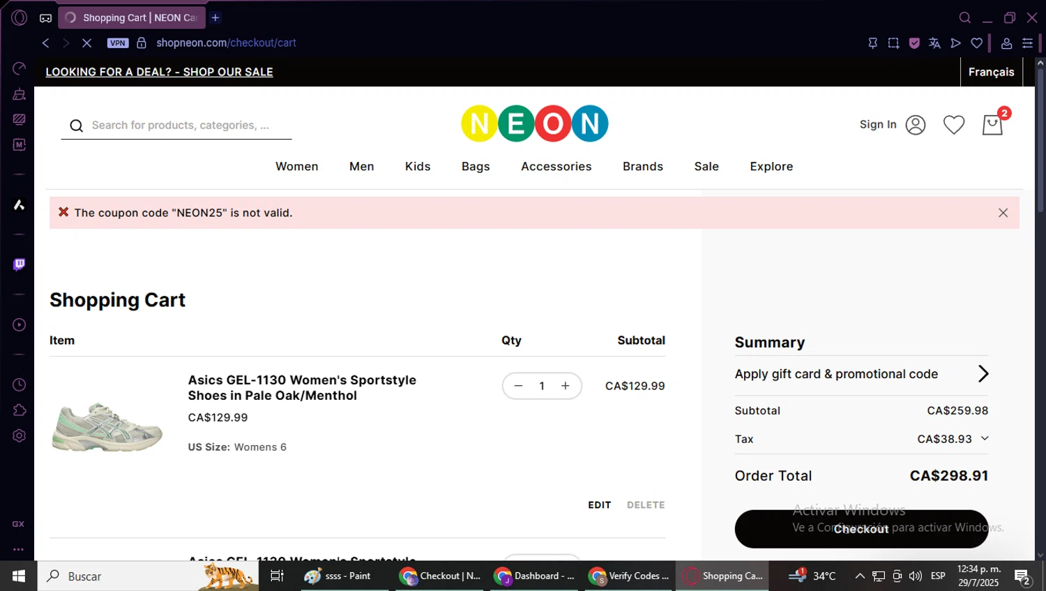 Neon Clothing promo code screenshot showing code NEON25 applied at Neon Clothing checkout page. Uploaded by SimplyCodes community member DealLynx6506 on Jul 29, 2025