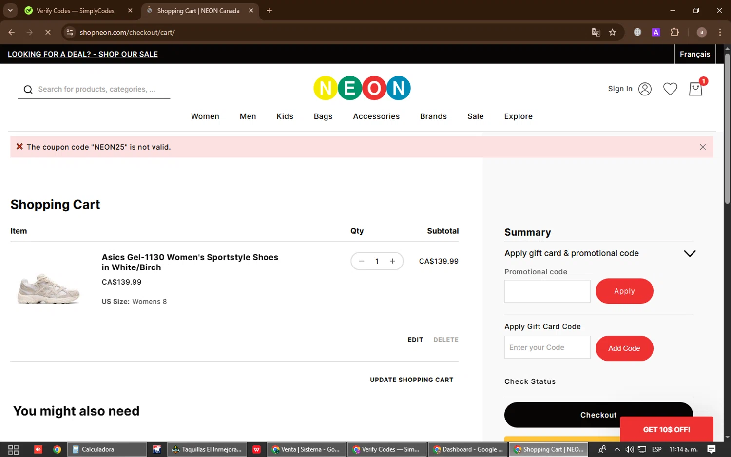 Neon Clothing promo code screenshot showing code NEON25 applied at Neon Clothing checkout page. Uploaded by SimplyCodes community member LuckyHawk2225 on Jul 29, 2025