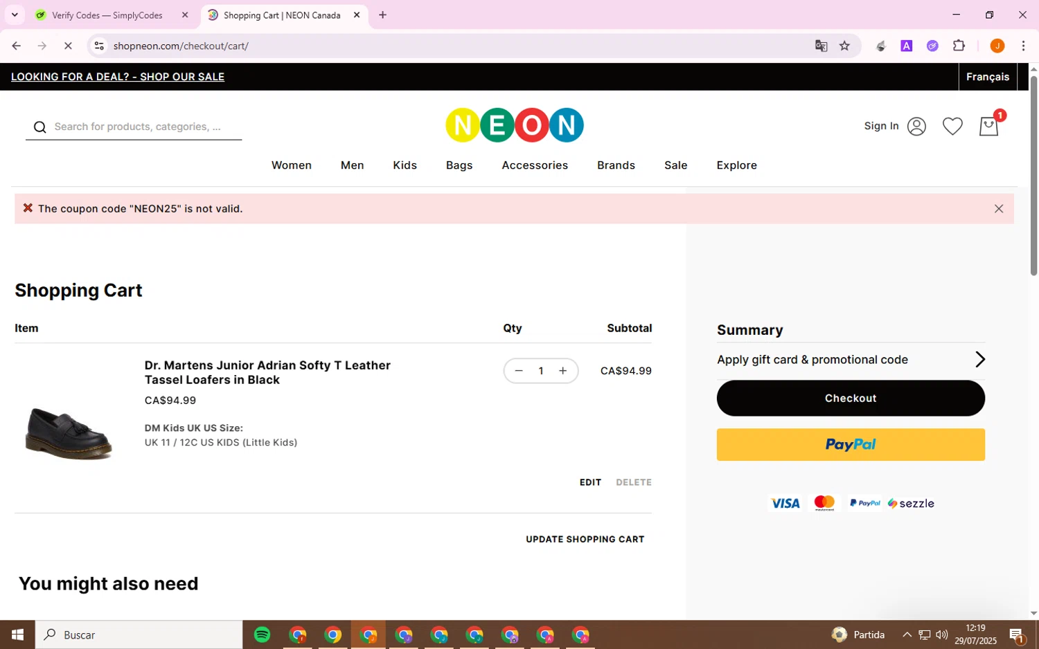 Neon Clothing promo code screenshot showing code NEON25 applied at Neon Clothing checkout page. Uploaded by SimplyCodes community member PromoWizard9762 on Jul 29, 2025