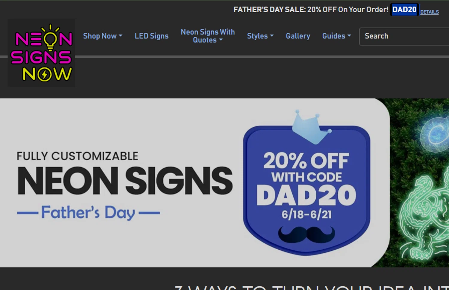 Neon Signs Now promo code screenshot showing code DAD20 applied at Neon Signs Now checkout page. Uploaded by SimplyCodes community member josemiguelaponte on Jun 21, 2026