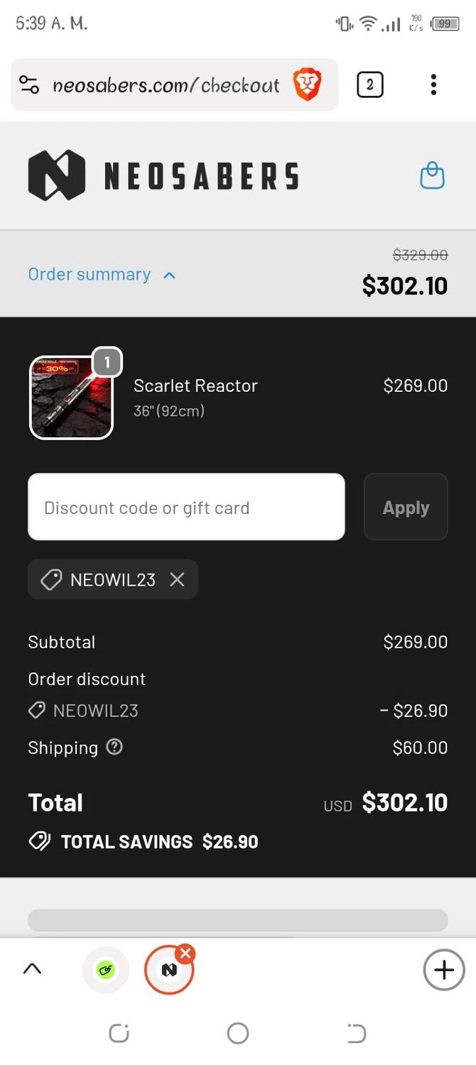 NEO Sabers promo code screenshot showing code neowil23 applied at NEO Sabers checkout page. Uploaded by SimplyCodes community member peterjanse on Dec 22, 2025