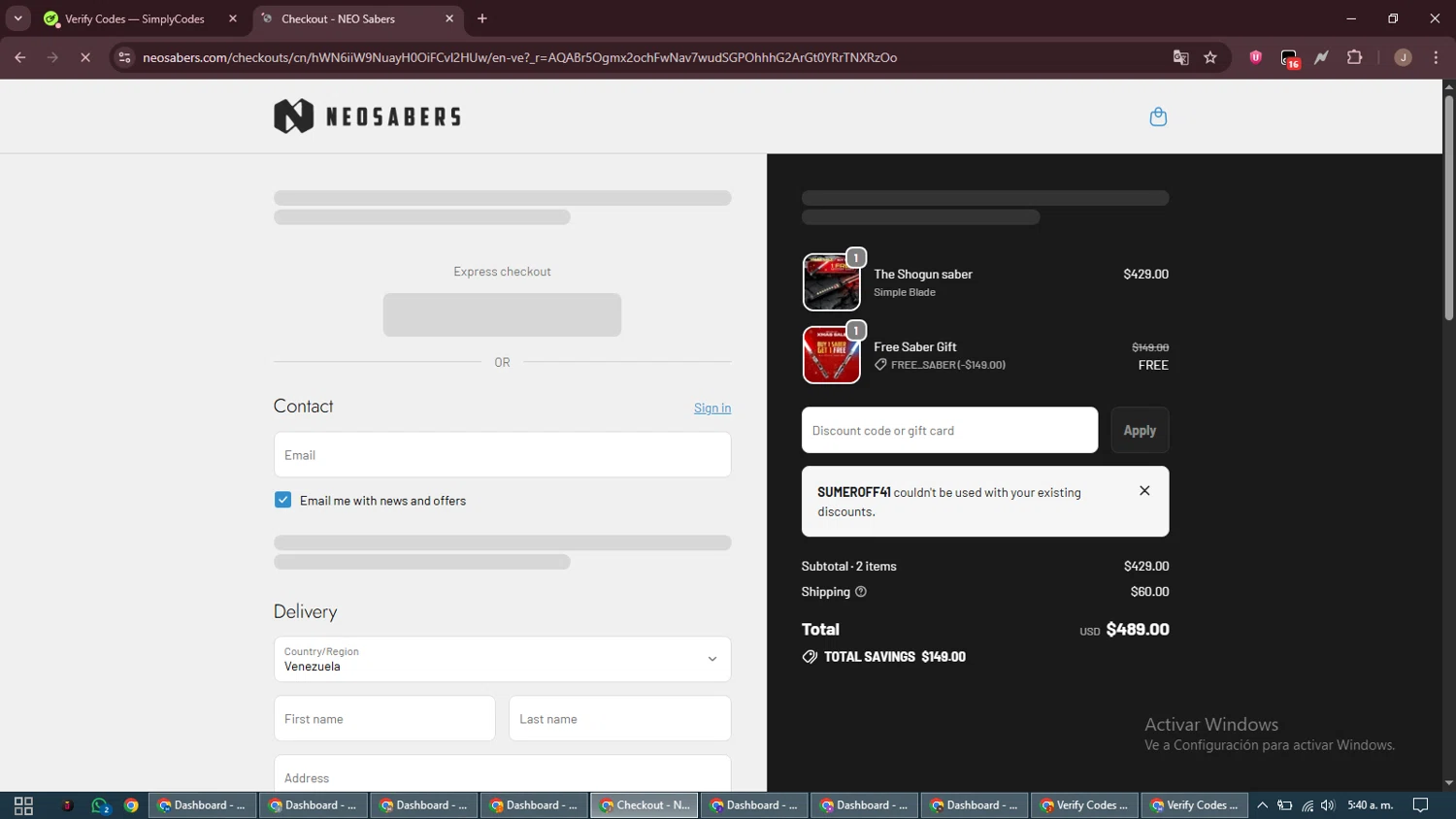 NEO Sabers promo code screenshot showing code sumeroff41 applied at NEO Sabers checkout page. Uploaded by SimplyCodes community member ShrewdAdmiral5920 on Dec 22, 2025