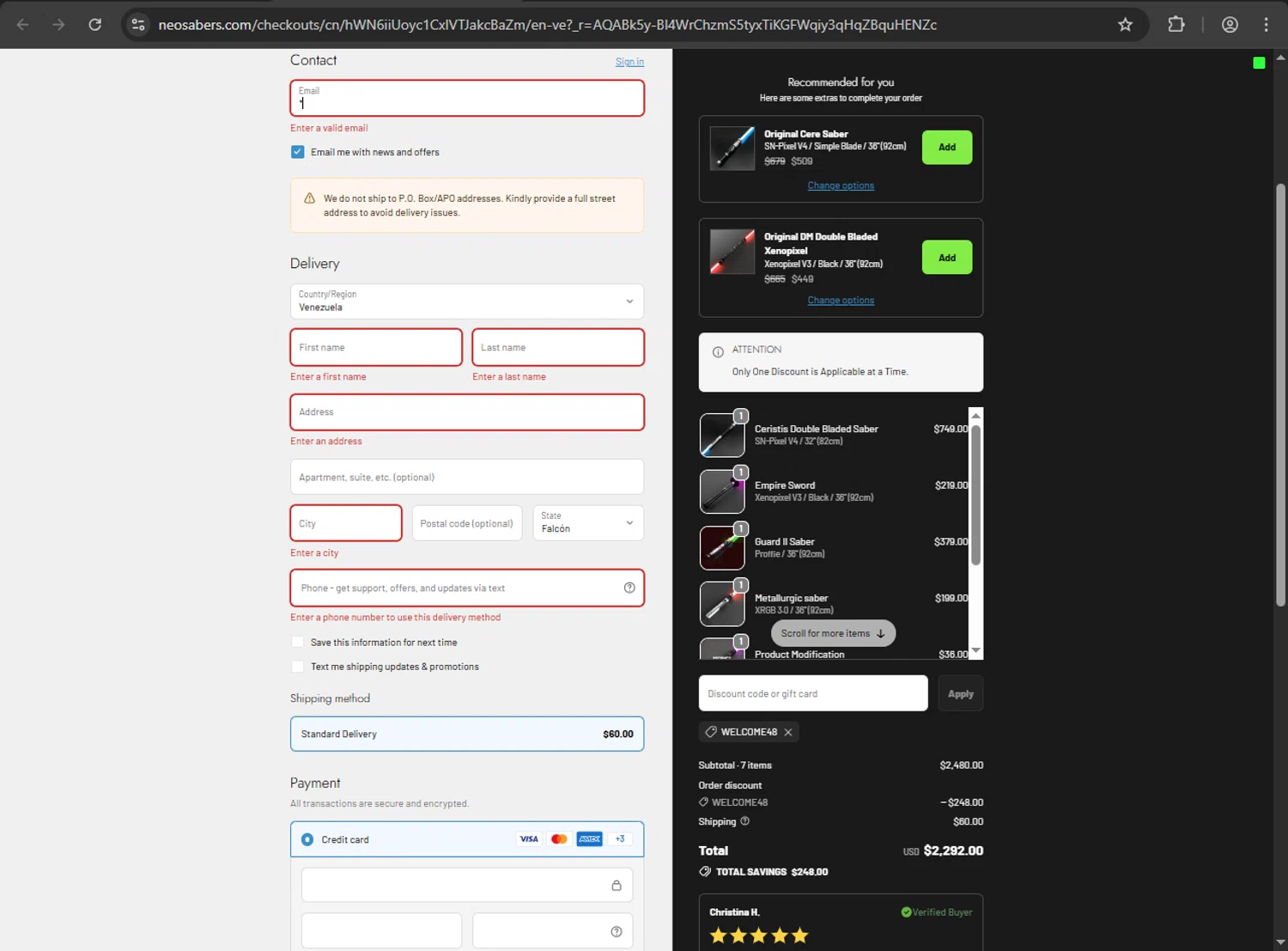 NEO Sabers promo code screenshot showing code welcome48 applied at NEO Sabers checkout page. Uploaded by SimplyCodes community member Niideamrk on Dec 22, 2025