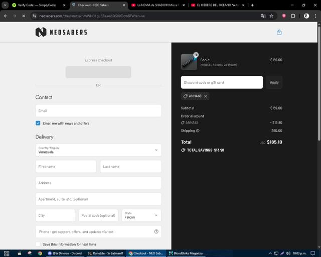 NEO Sabers checkout page showing NEO Sabers discount code box | Screenshot taken by SimplyCodes community member on Sep 16, 2025