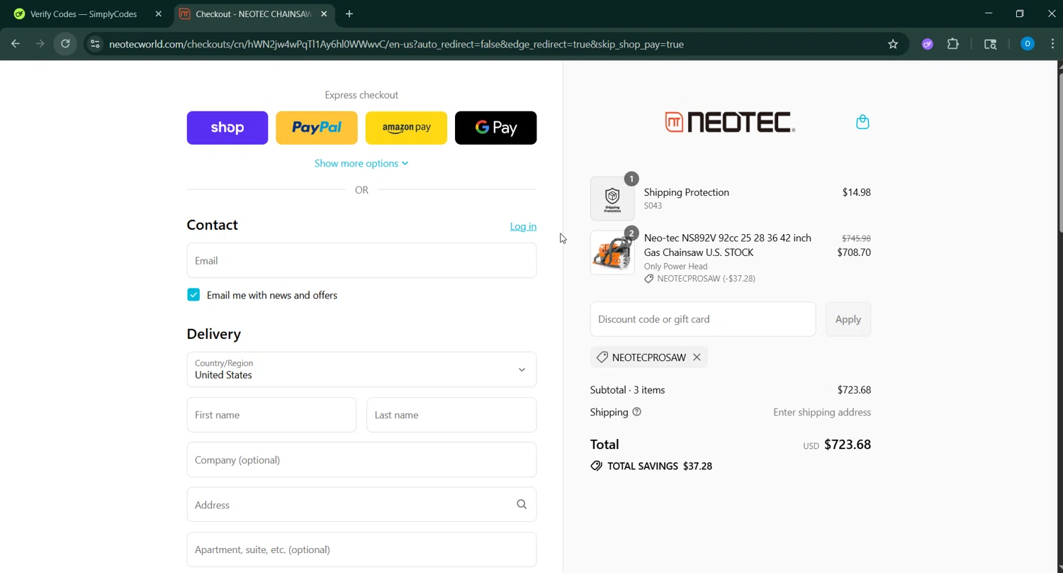 NEOTEC promo code screenshot showing code NEOTECPROSAW applied at NEOTEC checkout page. Uploaded by SimplyCodes community member GoldChaser6627 on Sep 8, 2025