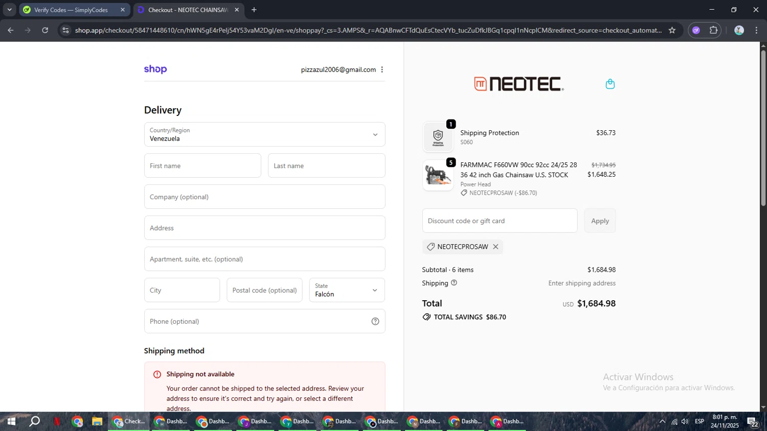 NEOTEC promo code screenshot showing code NEOTECPROSAW applied at NEOTEC checkout page. Uploaded by SimplyCodes community member ShrewdSeeker6165 on Nov 25, 2025