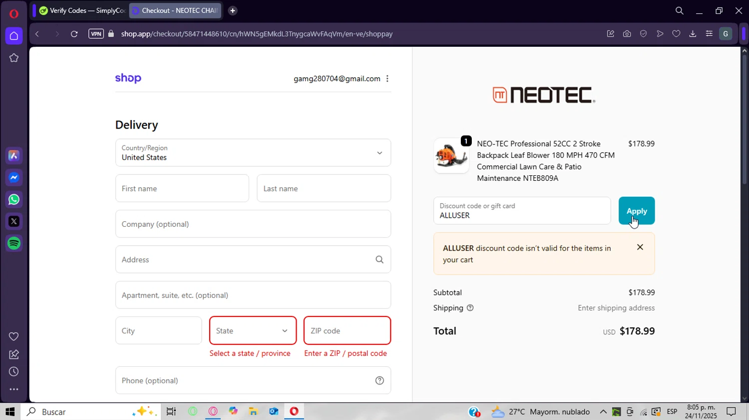 NEOTEC promo code screenshot showing code ALLUSER applied at NEOTEC checkout page. Uploaded by SimplyCodes community member CrownWizard8571 on Nov 25, 2025