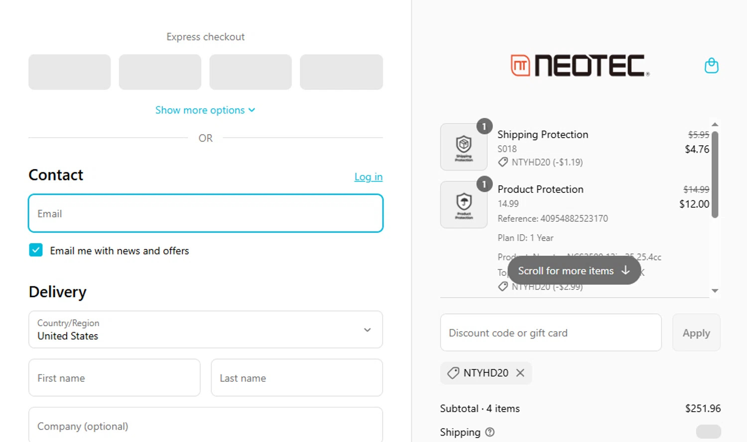 NEOTEC promo code screenshot showing code NTYHD20 applied at NEOTEC checkout page. Uploaded by SimplyCodes community member delvisgomez on Aug 22, 2025