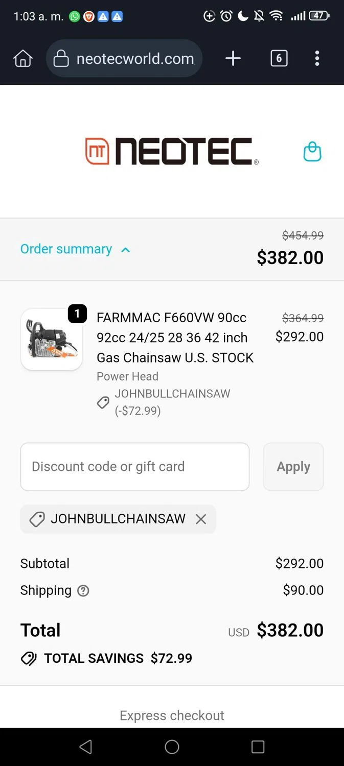 NEOTEC promo code screenshot showing code JohnBullChainsaw applied at NEOTEC checkout page. Uploaded by SimplyCodes community member George07 on Oct 20, 2025