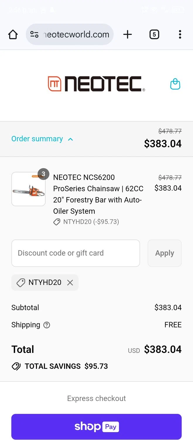 NEOTEC promo code screenshot showing code NTYHD20 applied at NEOTEC checkout page. Uploaded by SimplyCodes community member Luis0101 on Jul 12, 2025