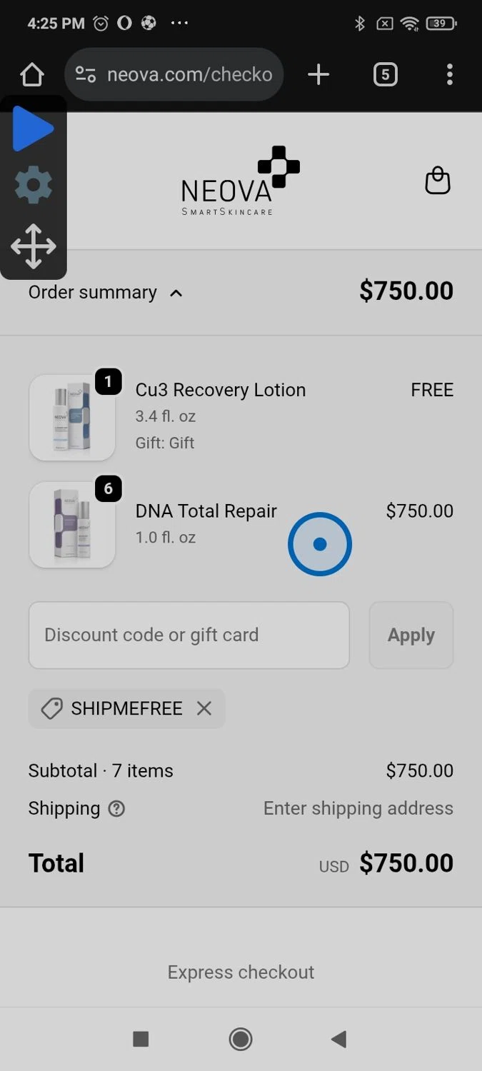 Neova discount code screenshot showing code shipmefree applied at Neova checkout page. Uploaded by SimplyCodes community member Papiex on Jan 17, 2026