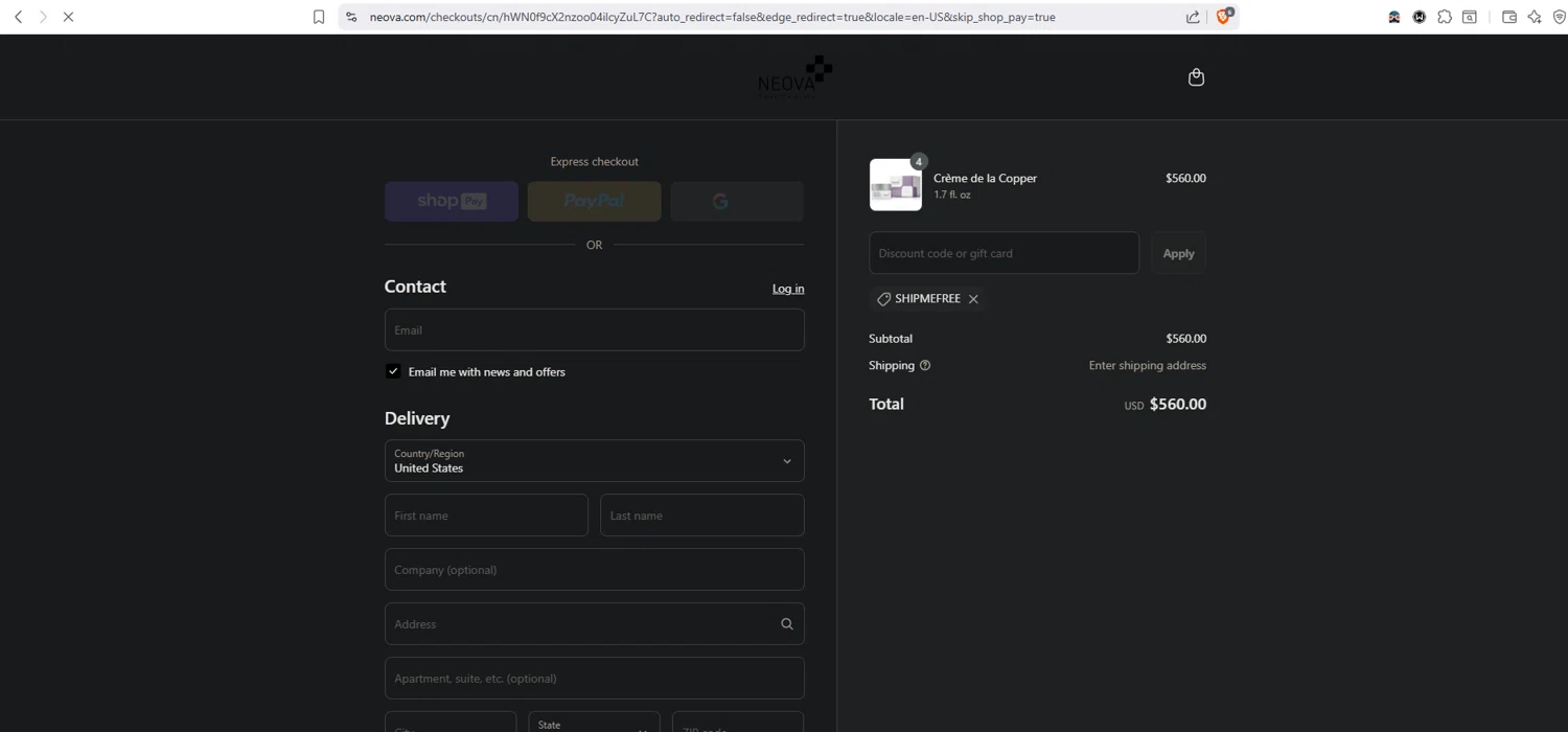 Neova discount code screenshot showing code shipmefree applied at Neova checkout page. Uploaded by SimplyCodes community member dayselis15 on Jul 15, 2025