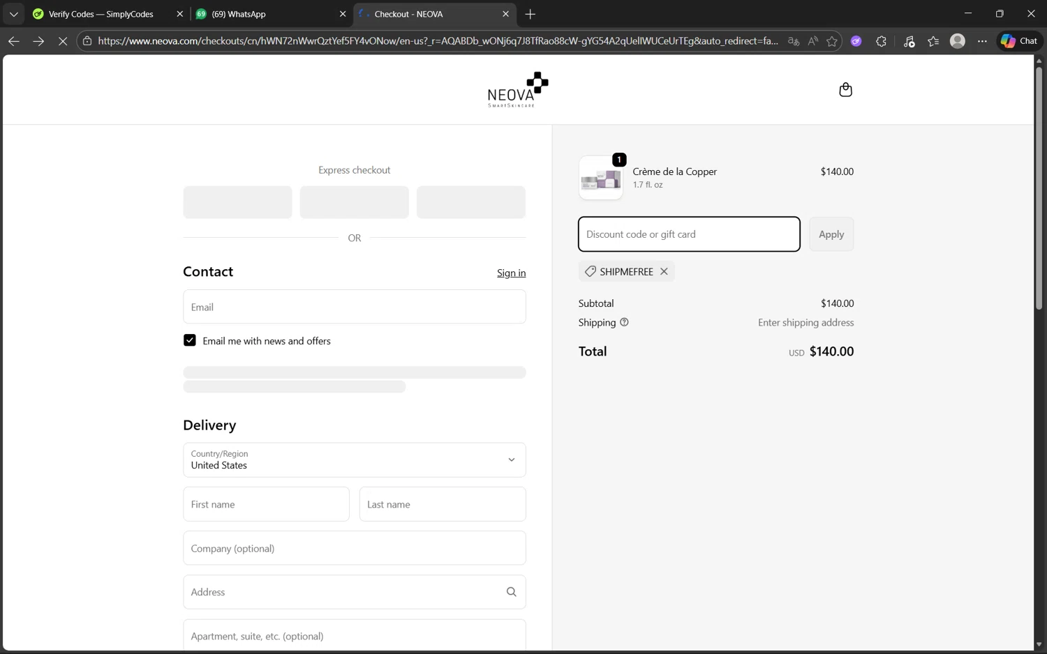 Neova discount code screenshot showing code shipmefree applied at Neova checkout page. Uploaded by SimplyCodes community member juanx1702 on Dec 30, 2025