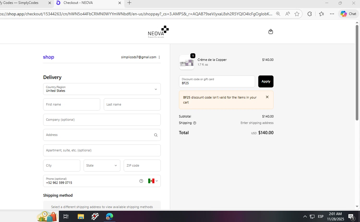 Neova discount code screenshot showing code BF25 applied at Neova checkout page. Uploaded by SimplyCodes community member fhddfhfdhwert on Nov 28, 2025