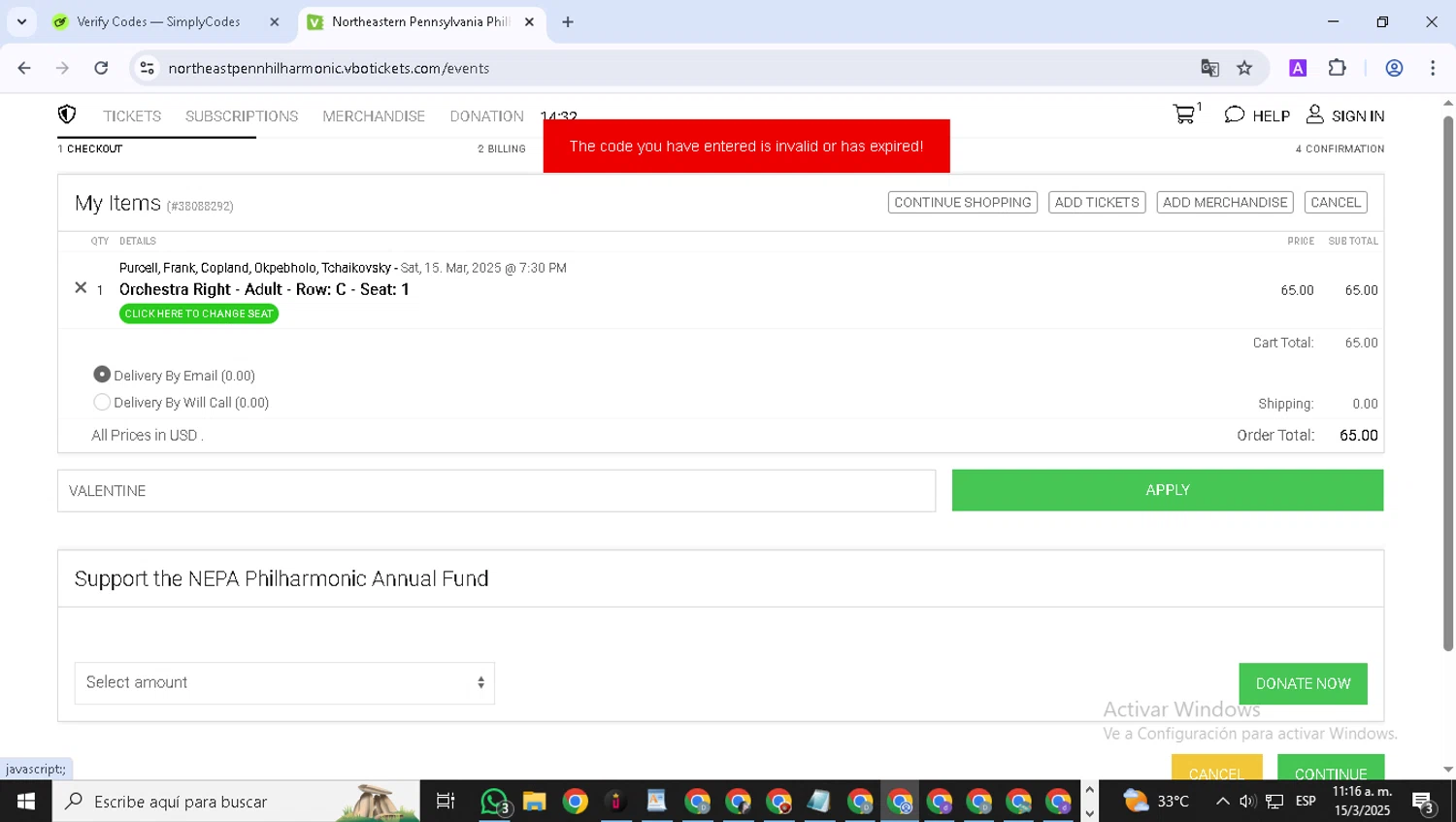 Northeastern Pennsylvania Philharmonic promo code screenshot showing code VALENTINE applied at Northeastern Pennsylvania Philharmonic checkout page. Uploaded by SimplyCodes community member SavvyWizard1706 on Mar 15, 2025