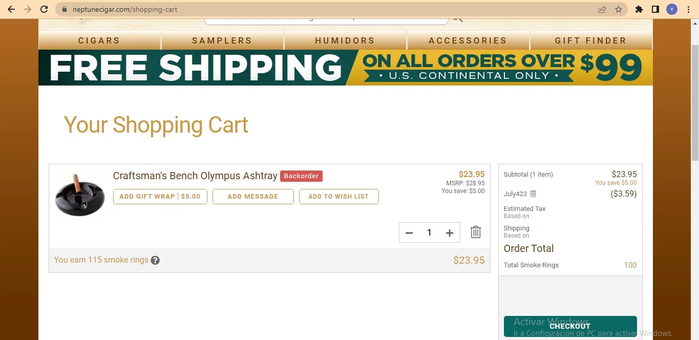 Neptune Cigars checkout page showing Neptune Cigars coupon code box | Screenshot taken by SimplyCodes community member on Jun 28, 2023