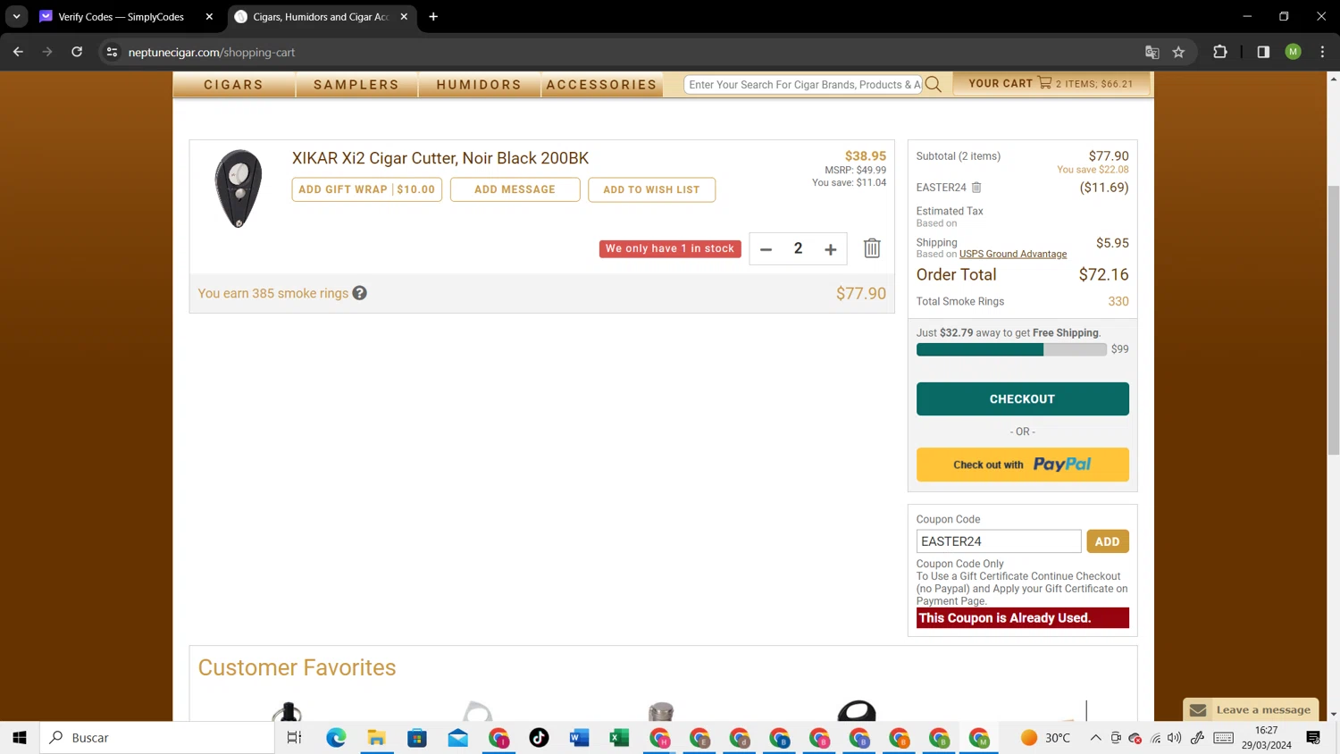 Neptune Cigars checkout page showing Neptune Cigars coupon code box | Screenshot taken by SimplyCodes community member on Mar 29, 2024