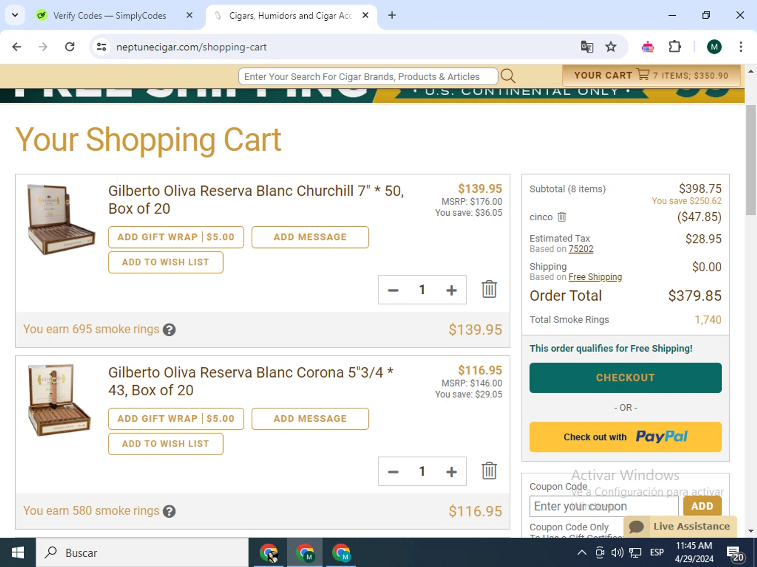 Neptune Cigars checkout page showing Neptune Cigars coupon code box | Screenshot taken by SimplyCodes community member on Apr 29, 2024