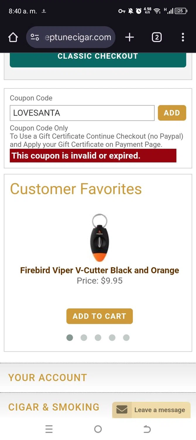 Neptune Cigars coupon code screenshot showing code LOVESANTA applied at Neptune Cigars checkout page. Uploaded by SimplyCodes community member annehathaway on Dec 27, 2024