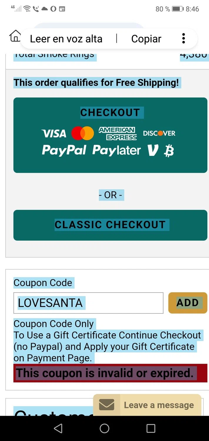 Neptune Cigars coupon code screenshot showing code LOVESANTA applied at Neptune Cigars checkout page. Uploaded by SimplyCodes community member CodeAce7009 on Dec 27, 2024