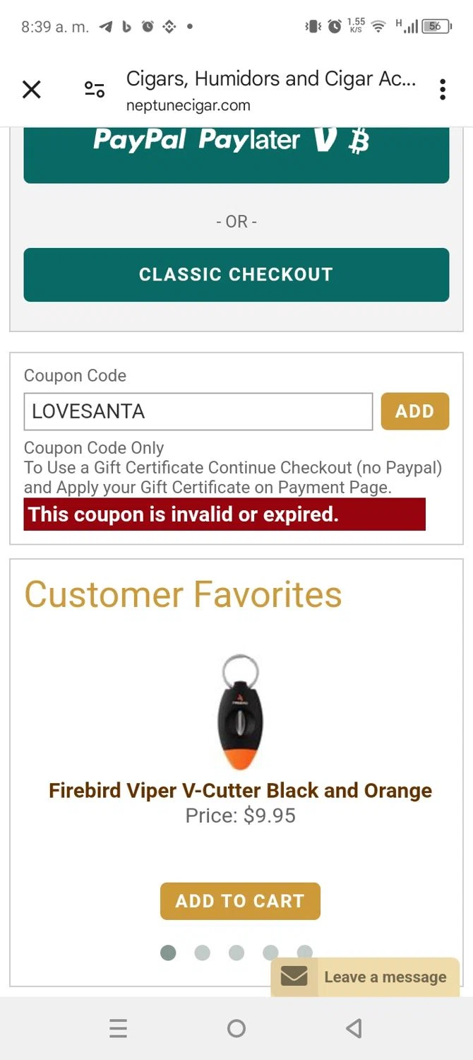 Neptune Cigars coupon code screenshot showing code LOVESANTA applied at Neptune Cigars checkout page. Uploaded by SimplyCodes community member coromotopalmar on Dec 27, 2024