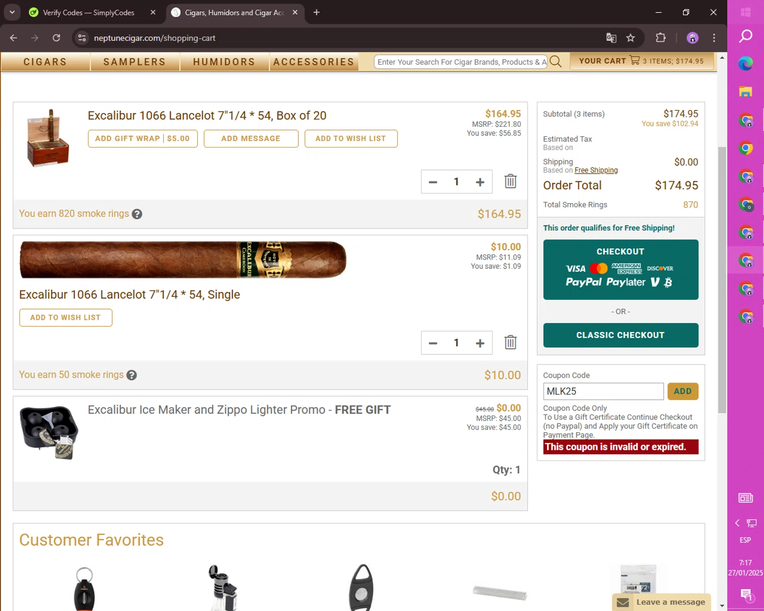 Neptune Cigars coupon code screenshot showing code MLK25 applied at Neptune Cigars checkout page. Uploaded by SimplyCodes community member CashSaver4711 on Jan 27, 2025