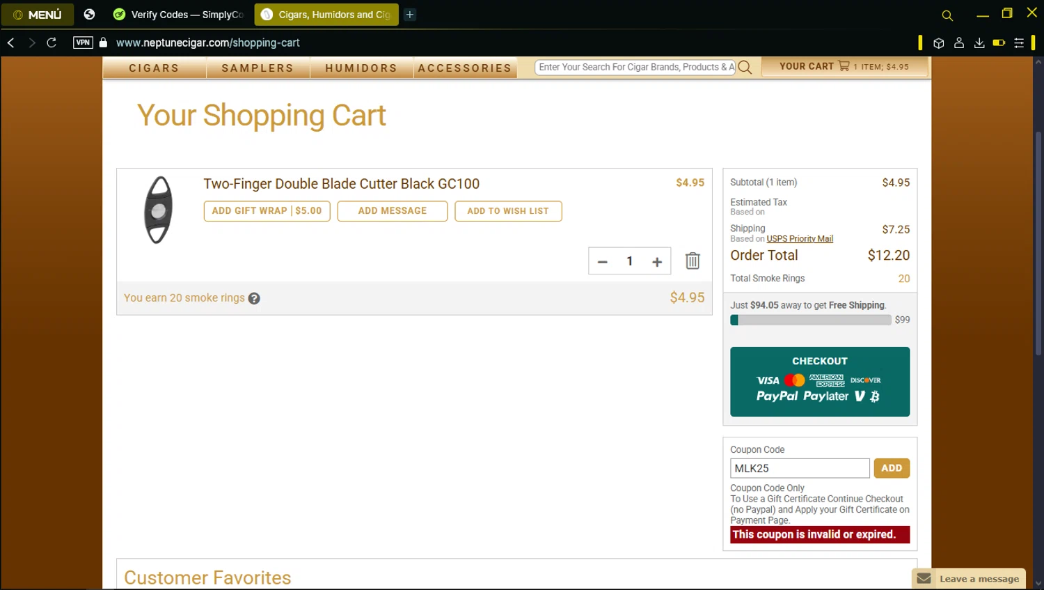 Neptune Cigars coupon code screenshot showing code MLK25 applied at Neptune Cigars checkout page. Uploaded by SimplyCodes community member LegendaryFox9861 on Apr 22, 2025