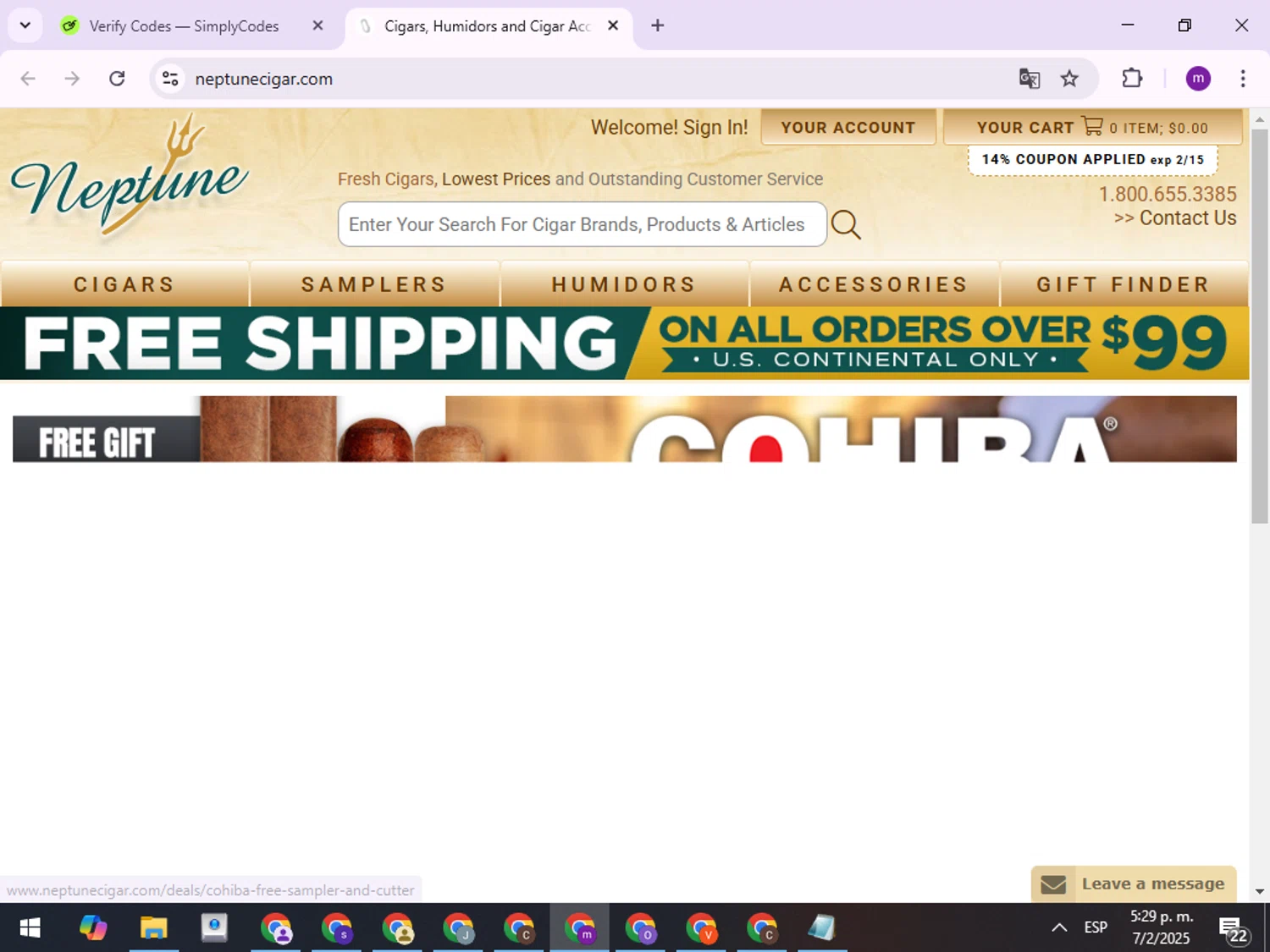 Neptune Cigars checkout page showing Neptune Cigars coupon code box | Screenshot taken by SimplyCodes community member on Feb 7, 2025