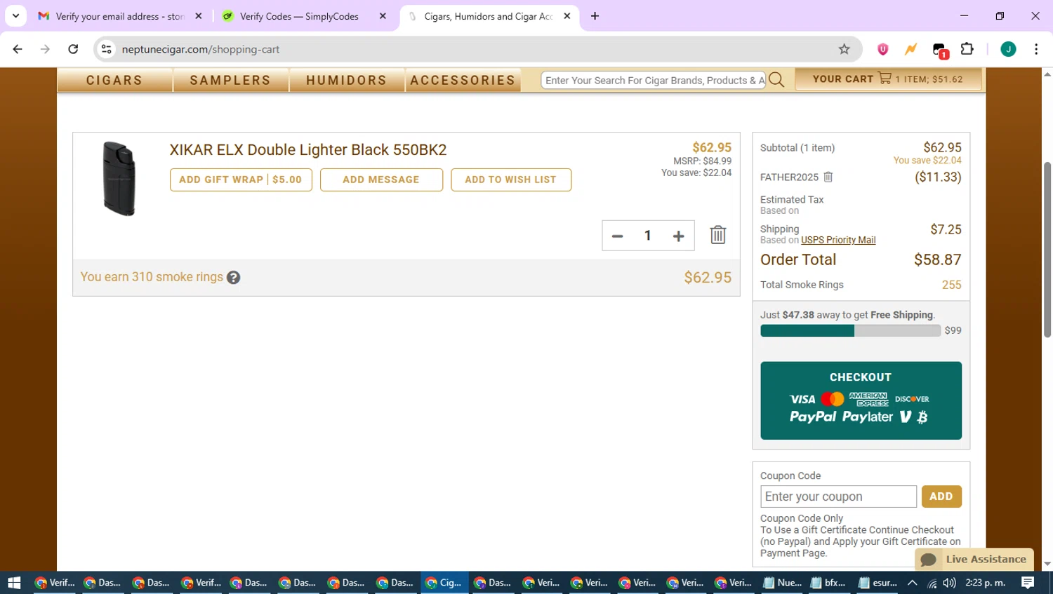 Neptune Cigars checkout page showing Neptune Cigars coupon code box | Screenshot taken by SimplyCodes community member on Jun 10, 2025