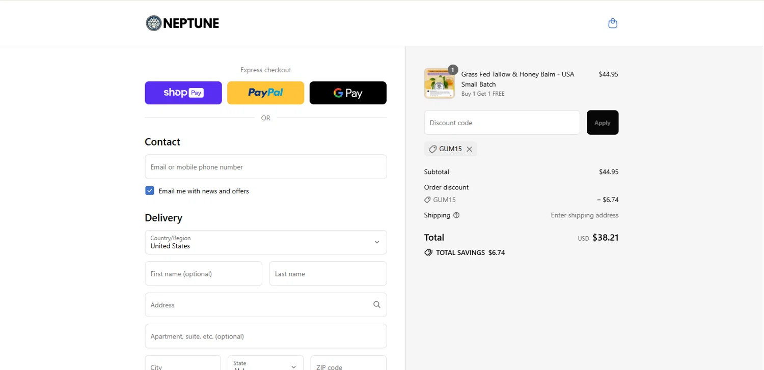 Neptune Gum discount code screenshot showing code GUM15 applied at Neptune Gum checkout page. Uploaded by SimplyCodes community member kalltrom21 on Aug 1, 2025