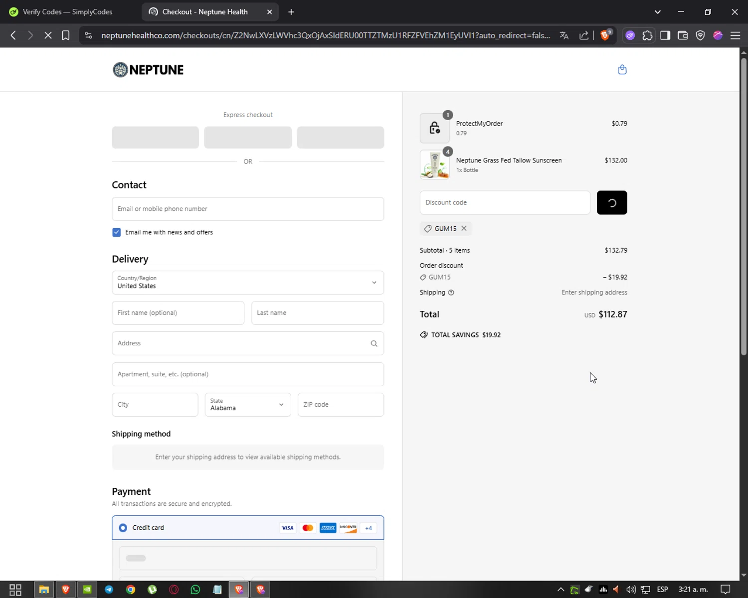Neptune Gum discount code screenshot showing code GUM15 applied at Neptune Gum checkout page. Uploaded by SimplyCodes community member Doomslayer on May 29, 2025