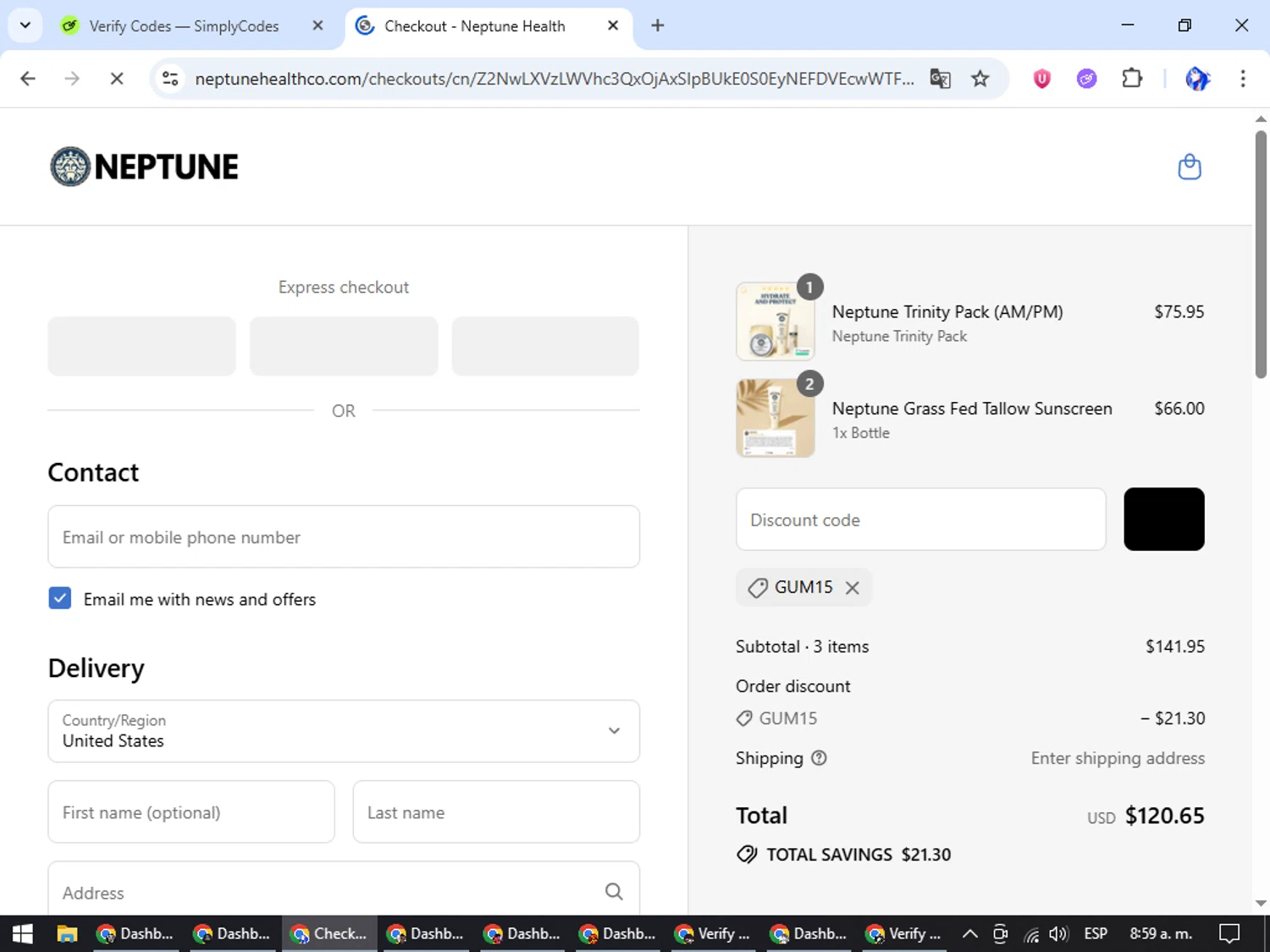 Neptune Gum discount code screenshot showing code GUM15 applied at Neptune Gum checkout page. Uploaded by SimplyCodes community member WiseHunter8213 on Jul 4, 2025