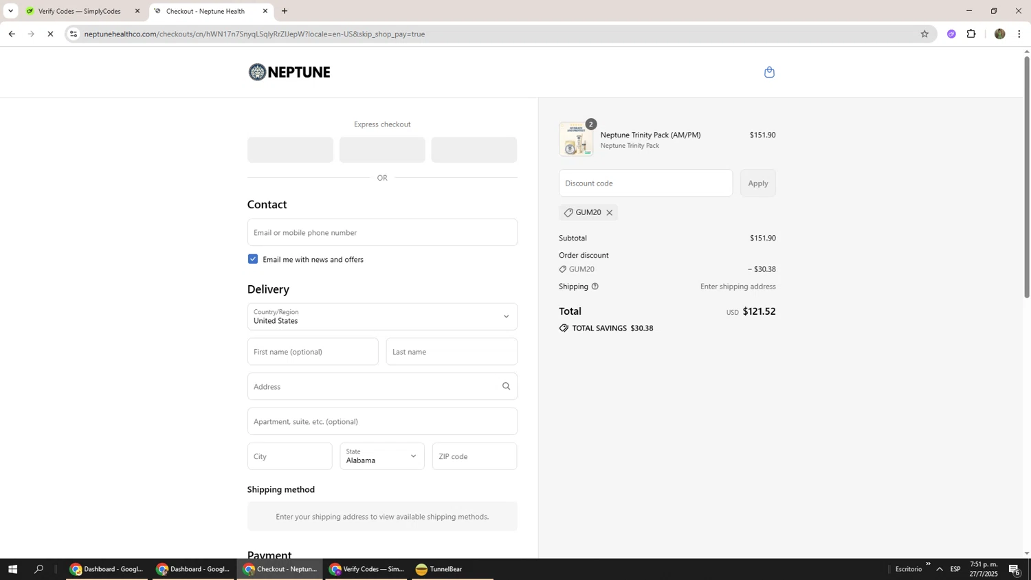Neptune Gum discount code screenshot showing code GUM20 applied at Neptune Gum checkout page. Uploaded by SimplyCodes community member Phoenix585 on Jul 27, 2025
