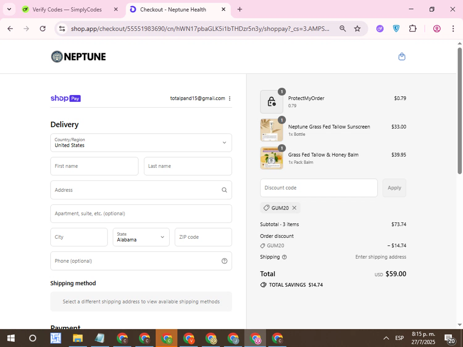 Neptune Gum discount code screenshot showing code GUM20 applied at Neptune Gum checkout page. Uploaded by SimplyCodes community member QuestCurator1644 on Jul 28, 2025