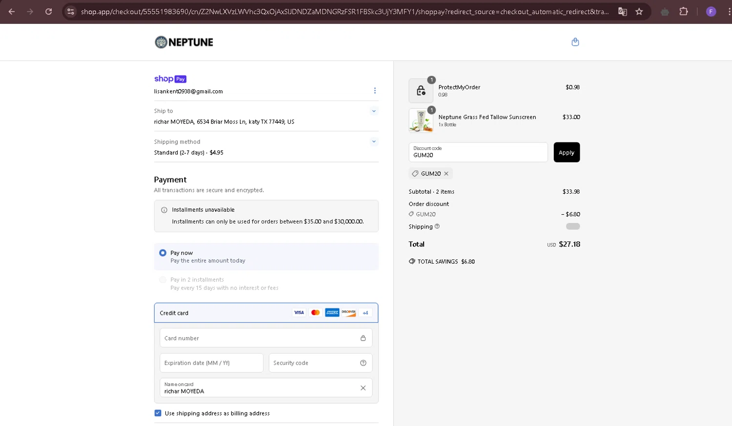 Neptune Gum discount code screenshot showing code GUM20 applied at Neptune Gum checkout page. Uploaded by SimplyCodes community member Richard2 on Apr 9, 2025