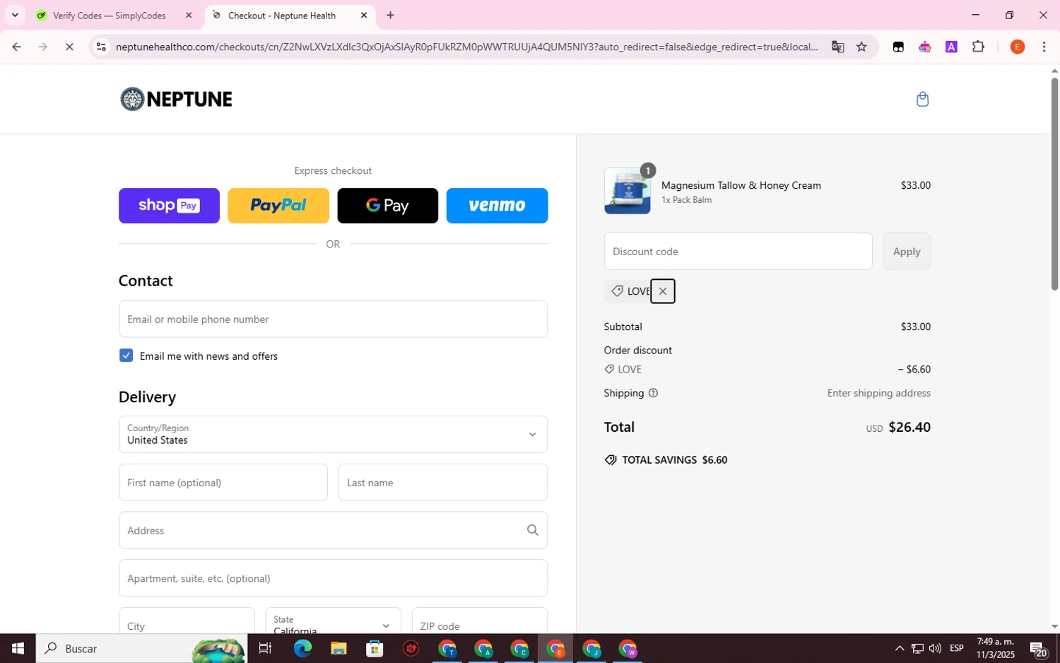Neptune Gum discount code screenshot showing code LOVE applied at Neptune Gum checkout page. Uploaded by SimplyCodes community member BrilliantSage8401 on Mar 11, 2025