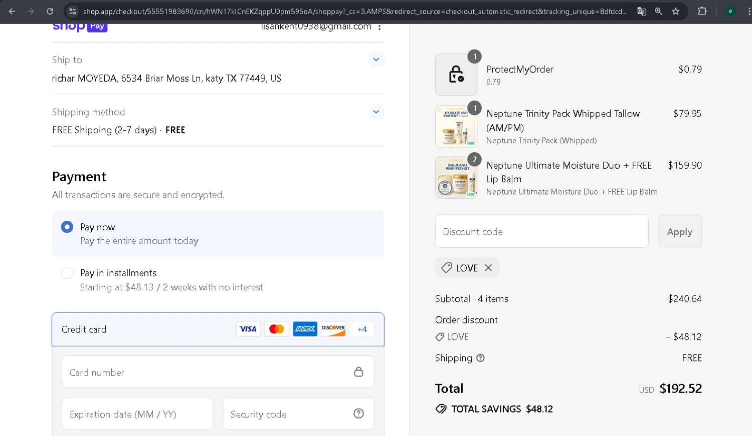 Neptune Gum discount code screenshot showing code LOVE applied at Neptune Gum checkout page. Uploaded by SimplyCodes community member SmartDefender5487 on Jul 27, 2025