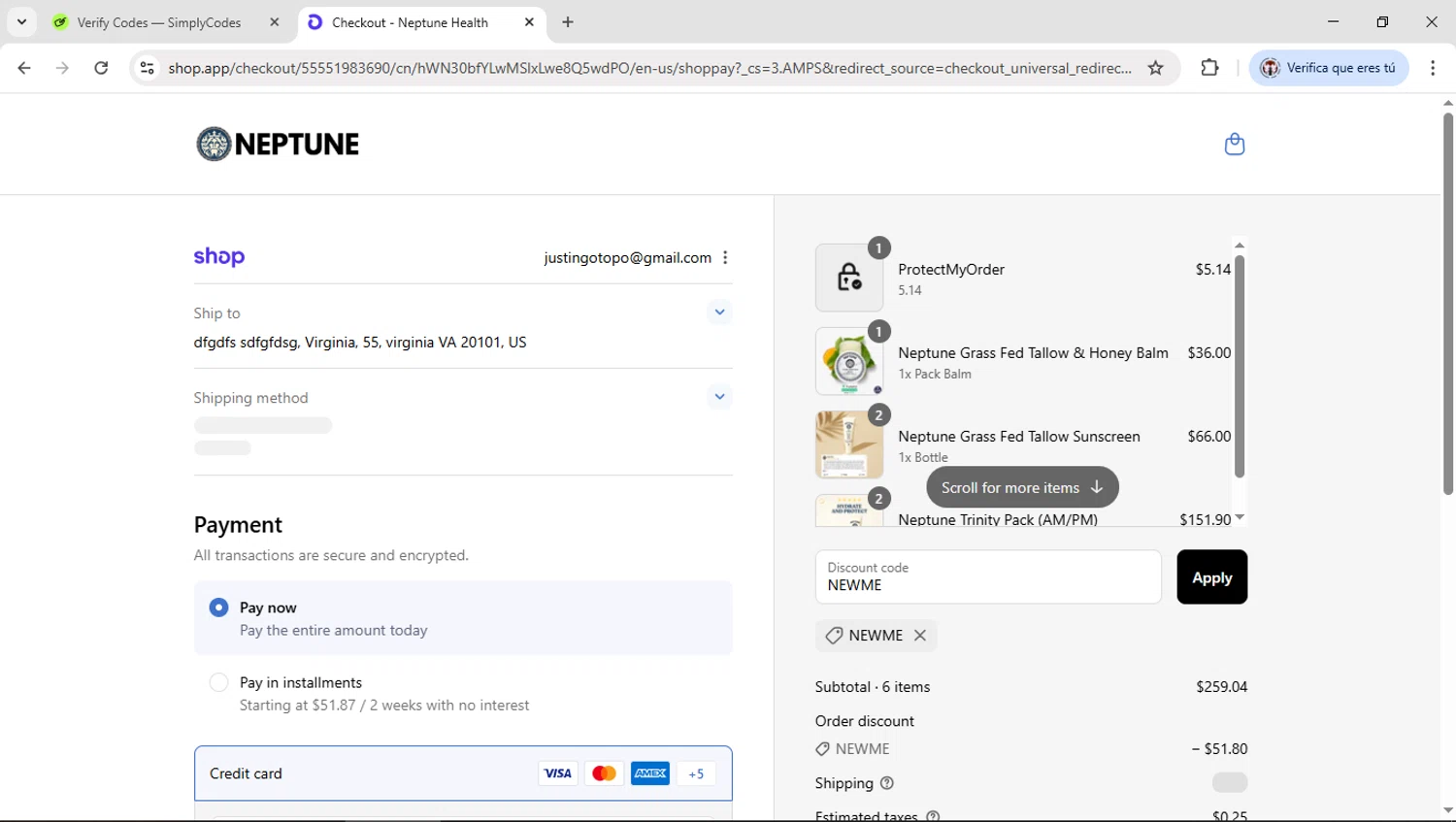 Neptune Gum discount code screenshot showing code NEWME applied at Neptune Gum checkout page. Uploaded by SimplyCodes community member Salometta on Sep 15, 2025