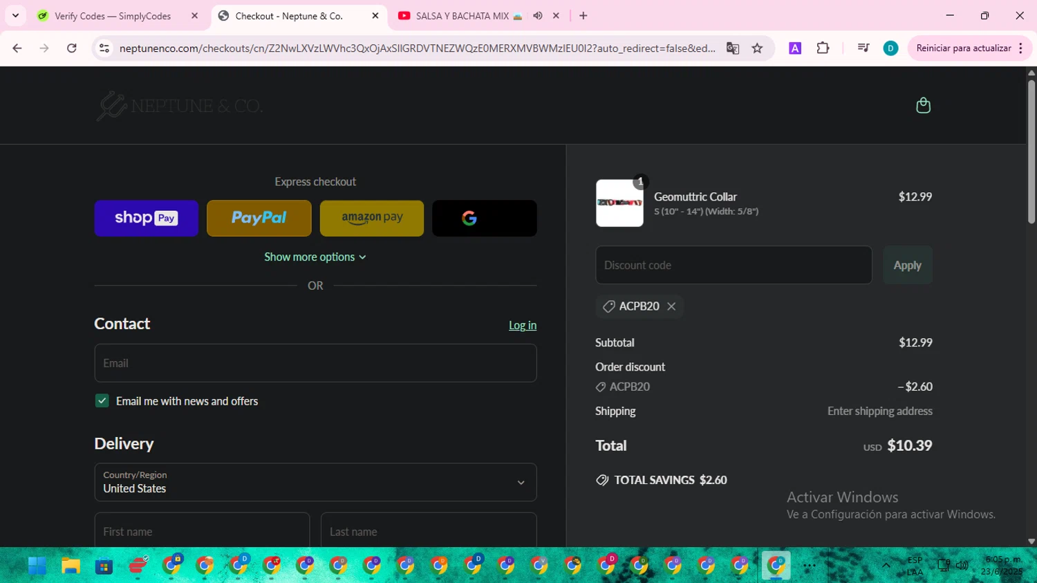 Neptune & Co promo code screenshot showing code ACPB20 applied at Neptune & Co checkout page. Uploaded by SimplyCodes community member ShrewdTracker5871 on Jun 23, 2025