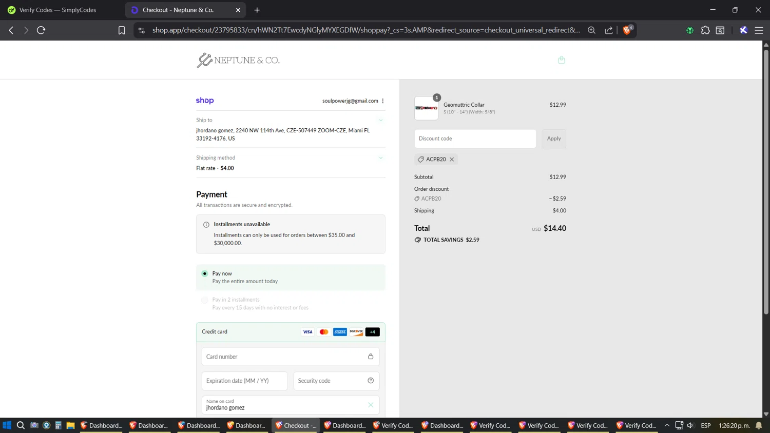 Neptune & Co promo code screenshot showing code ACPB20 applied at Neptune & Co checkout page. Uploaded by SimplyCodes community member SoulPower on Sep 1, 2025