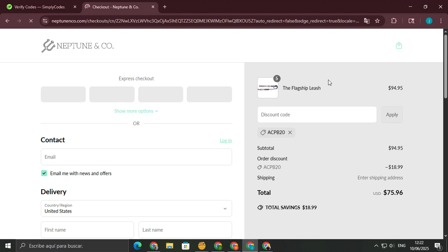 Neptune & Co promo code screenshot showing code ACPB20 applied at Neptune & Co checkout page. Uploaded by SimplyCodes community member juanjo2 on Jun 10, 2025