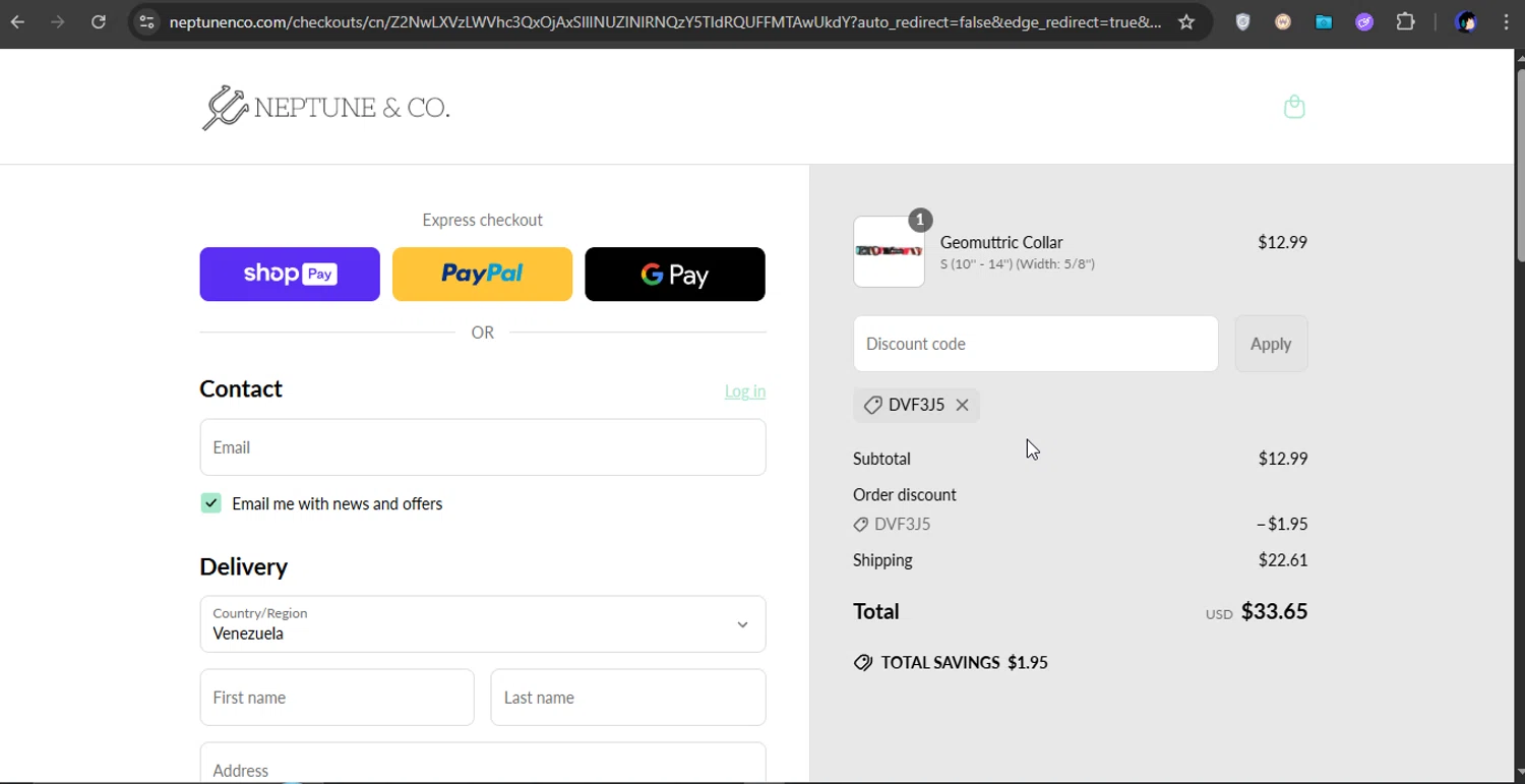 Neptune & Co promo code screenshot showing code DVF3J5 applied at Neptune & Co checkout page. Uploaded by SimplyCodes community member xXSATOXx on Jun 24, 2025