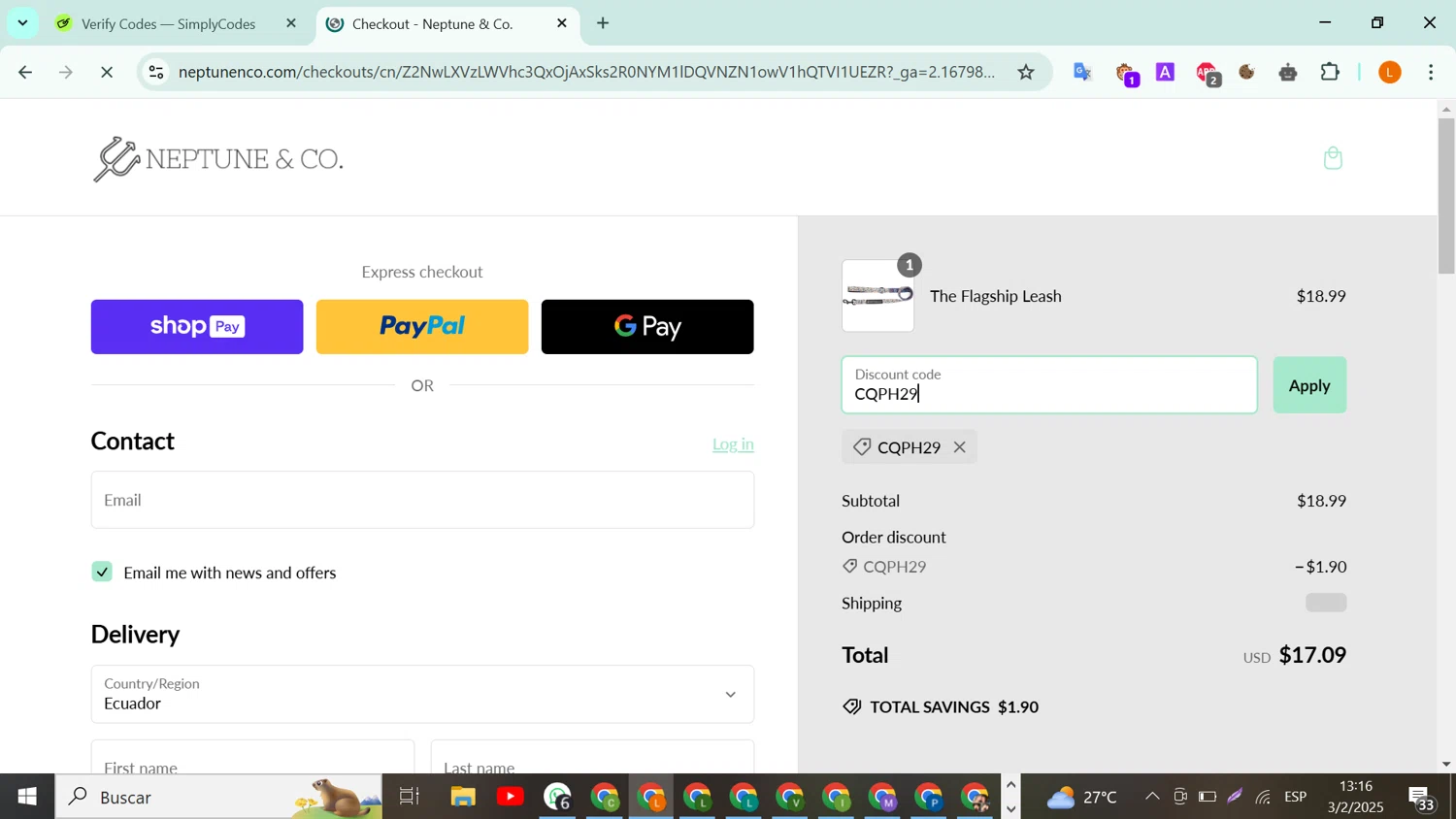 Neptune & Co promo code screenshot showing code CQPH29 applied at Neptune & Co checkout page. Uploaded by SimplyCodes community member RebateLegend8934 on Feb 3, 2025