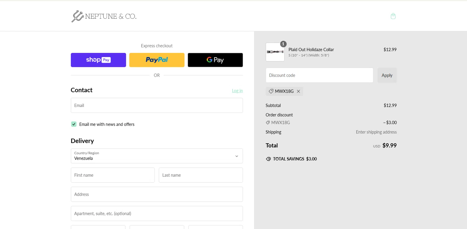 Neptune & Co promo code screenshot showing code MWX18G applied at Neptune & Co checkout page. Uploaded by SimplyCodes community member kalltrom21 on Jan 27, 2025