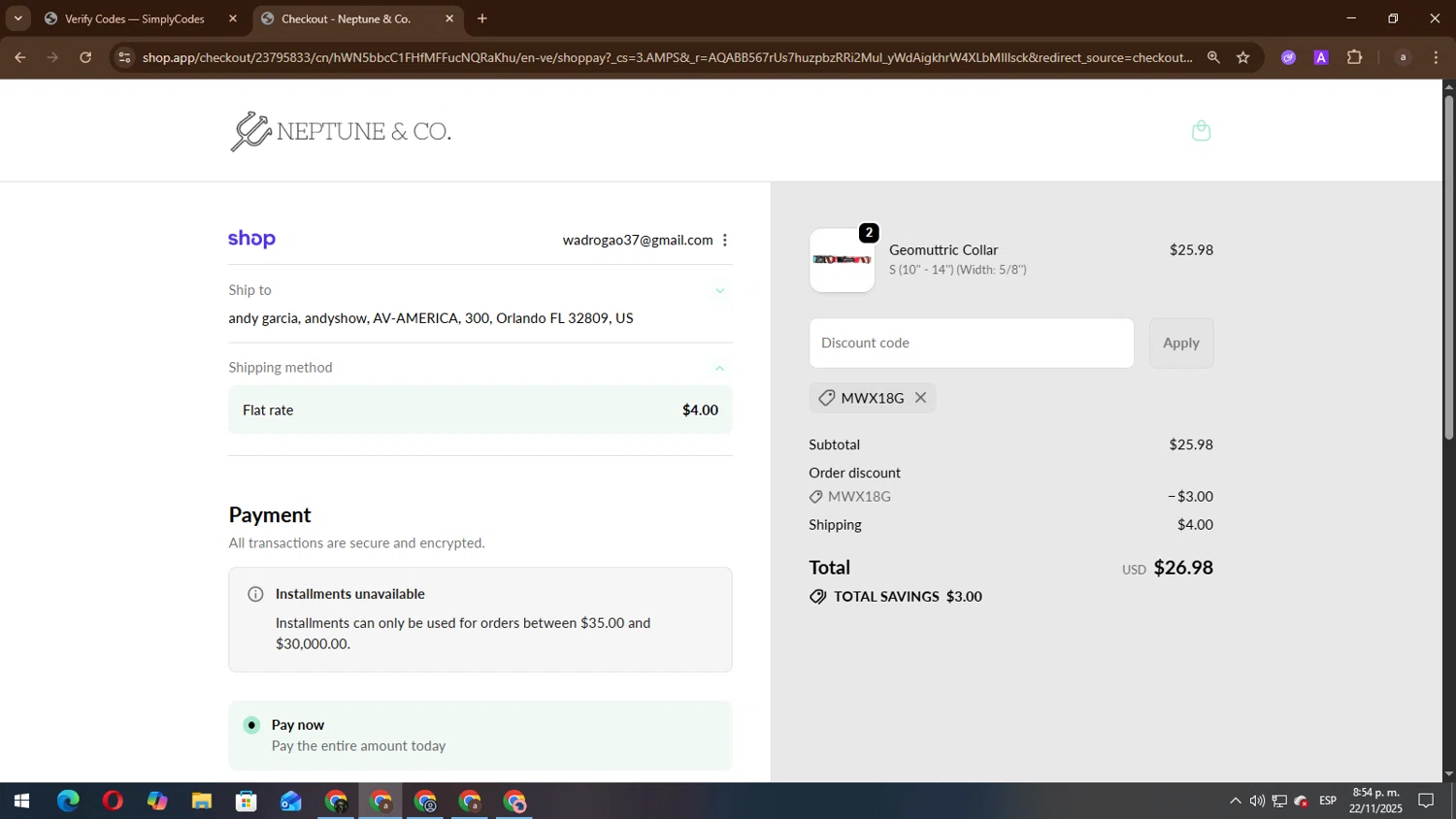 Neptune & Co promo code screenshot showing code MWX18G applied at Neptune & Co checkout page. Uploaded by SimplyCodes community member lisandro on Nov 23, 2025