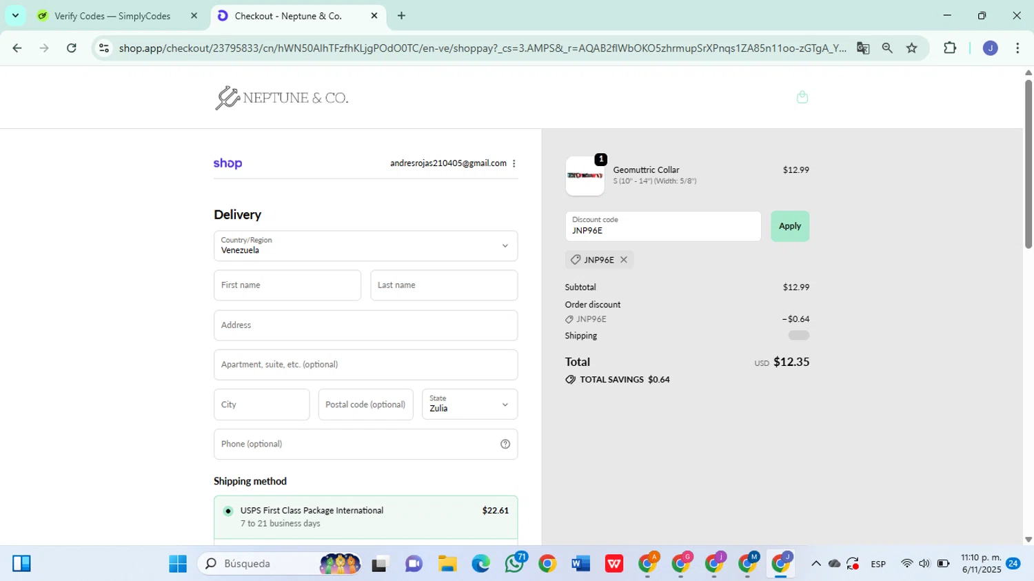 Neptune & Co promo code screenshot showing code JNP96E applied at Neptune & Co checkout page. Uploaded by SimplyCodes community member DiscountSleuth6807 on Nov 7, 2025