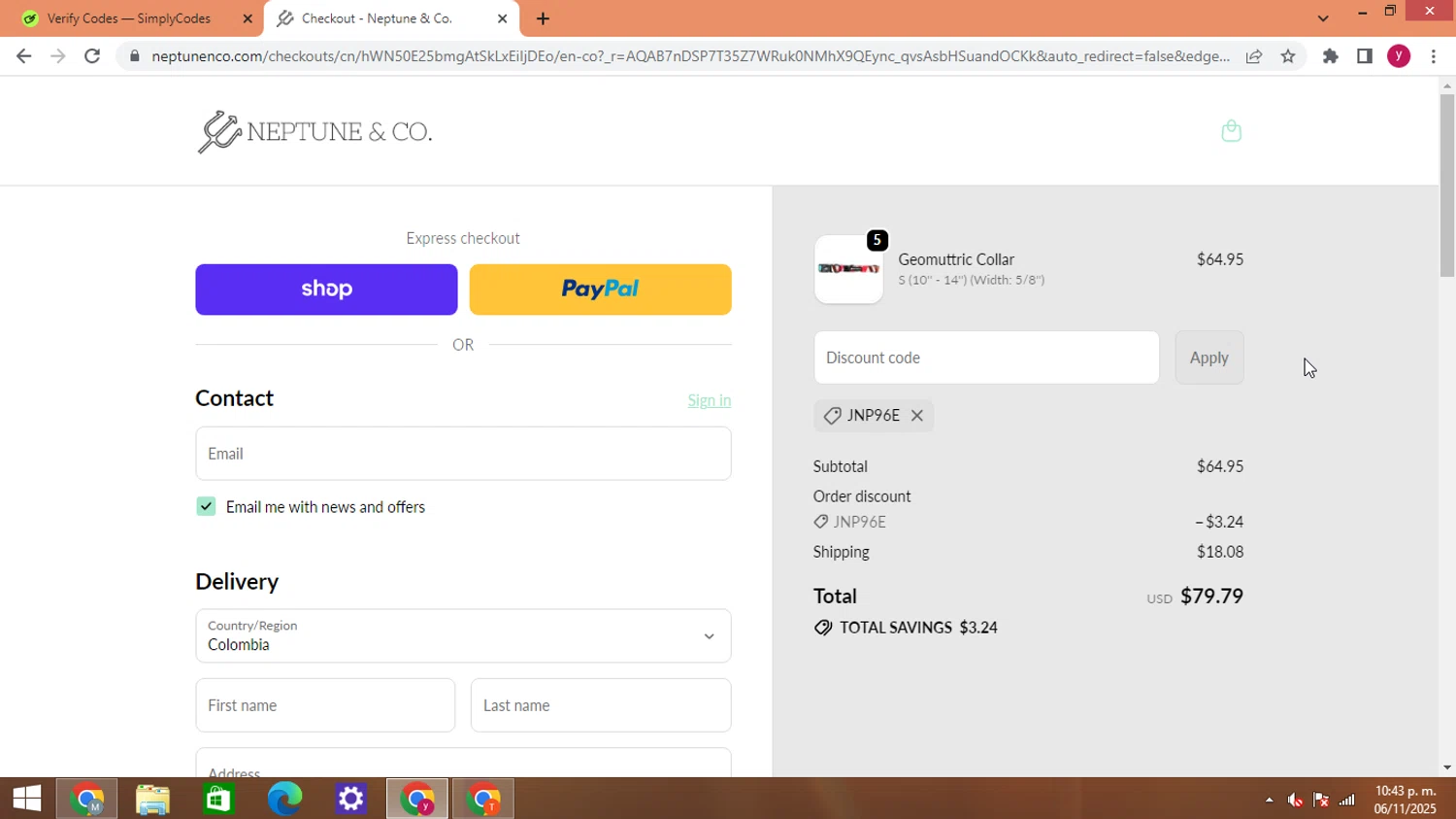 Neptune & Co promo code screenshot showing code JNP96E applied at Neptune & Co checkout page. Uploaded by SimplyCodes community member ThriftyWizard1508 on Nov 7, 2025